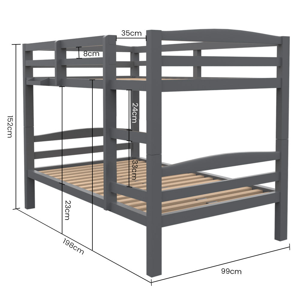 Single Bunk Bed Frame, Solid Pine 2-in-1 Modular Design, Converts to 2 Single Beds, For Kids, Grey