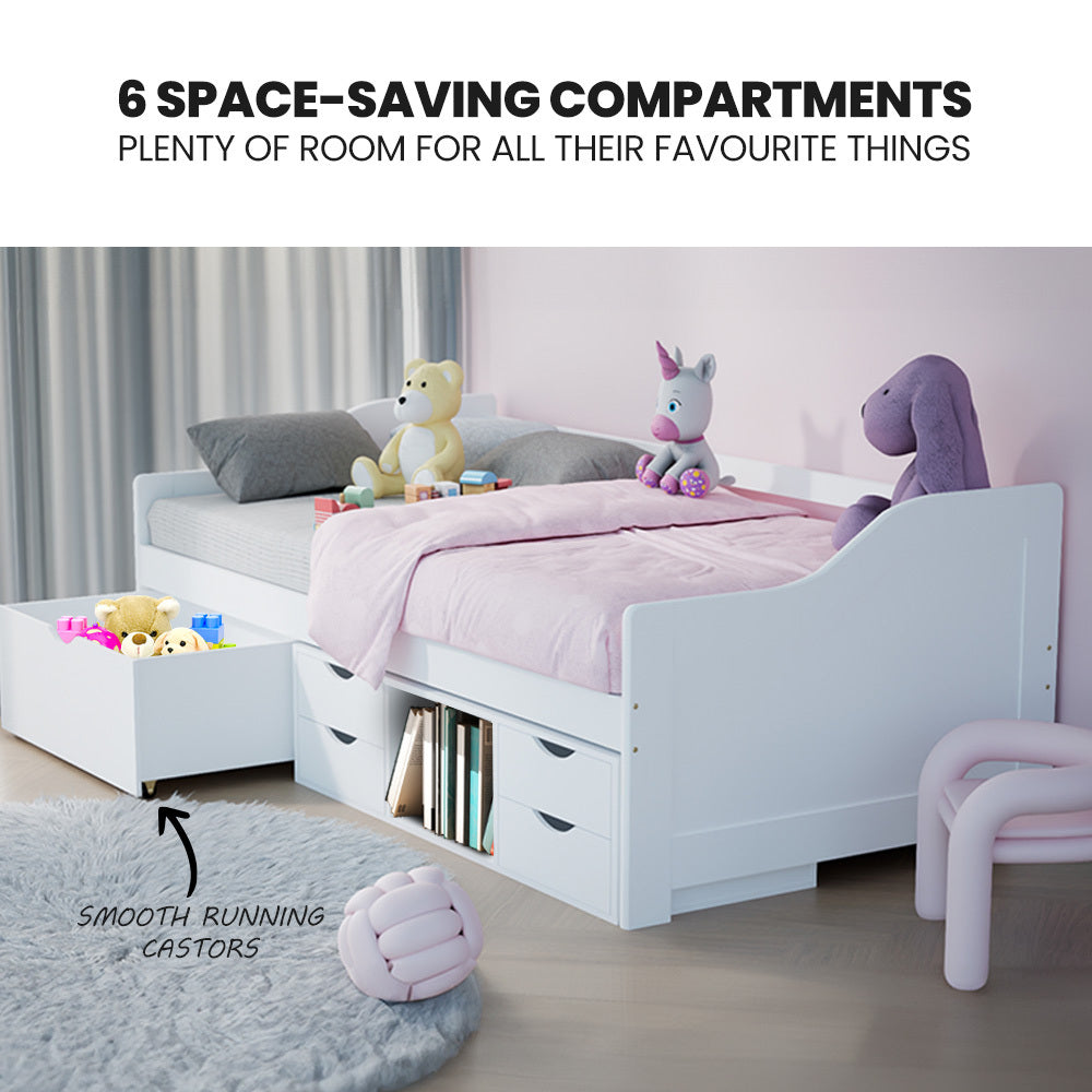 Wooden Single Sofa Bed Frame with Storage Drawers - White