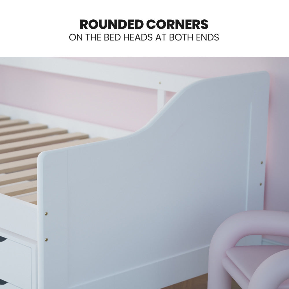 Wooden Single Sofa Bed Frame with Storage Drawers - White