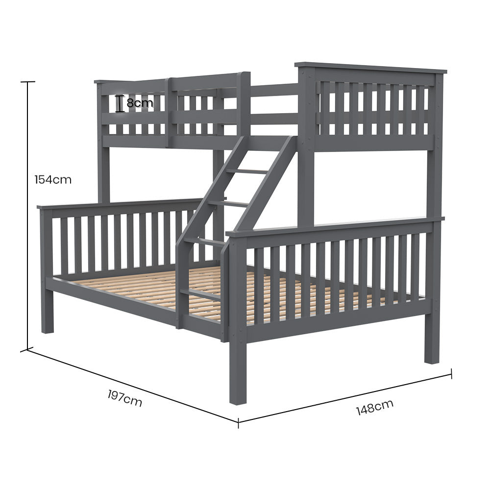 Bunk Bed Triple Wooden Single Over Double Beds for Kids, Solid Pine Wood, Convertible Design, Grey