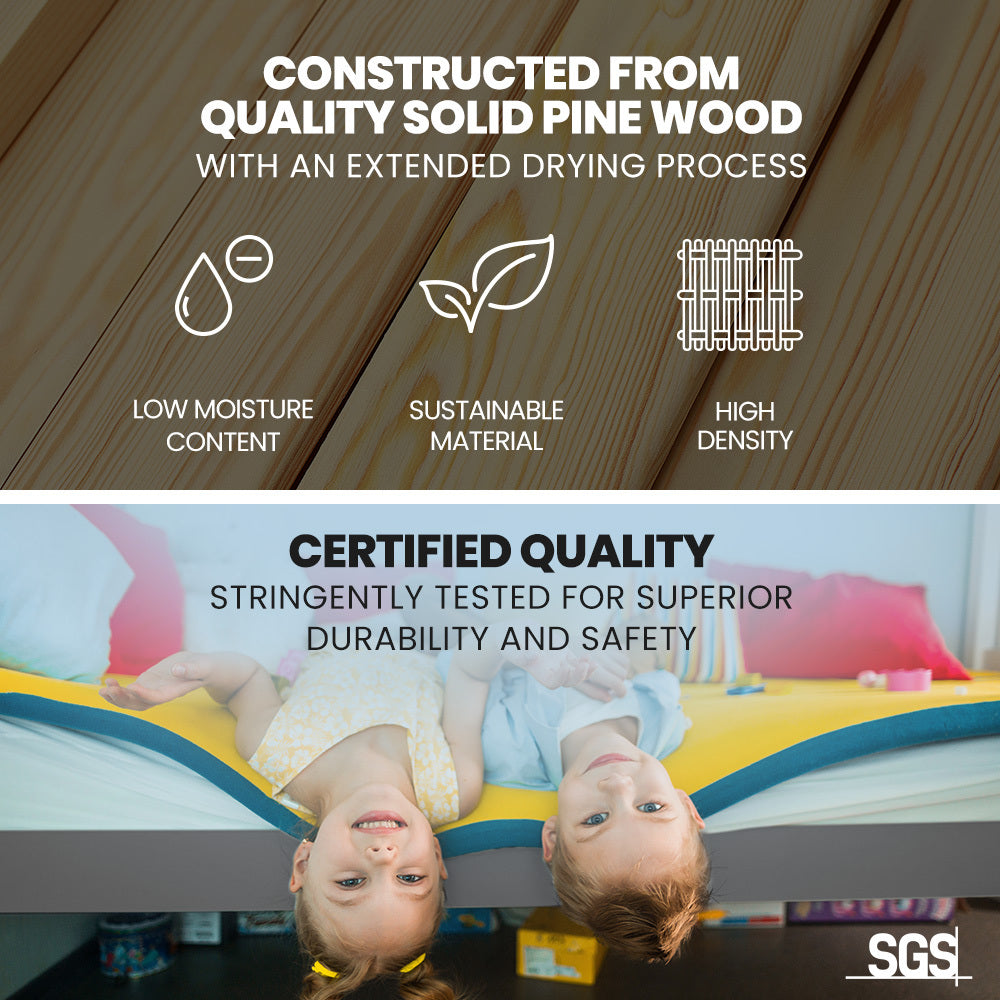 Bunk Bed Triple Wooden Single Over Double Beds for Kids, Solid Pine Wood, Convertible Design, Grey