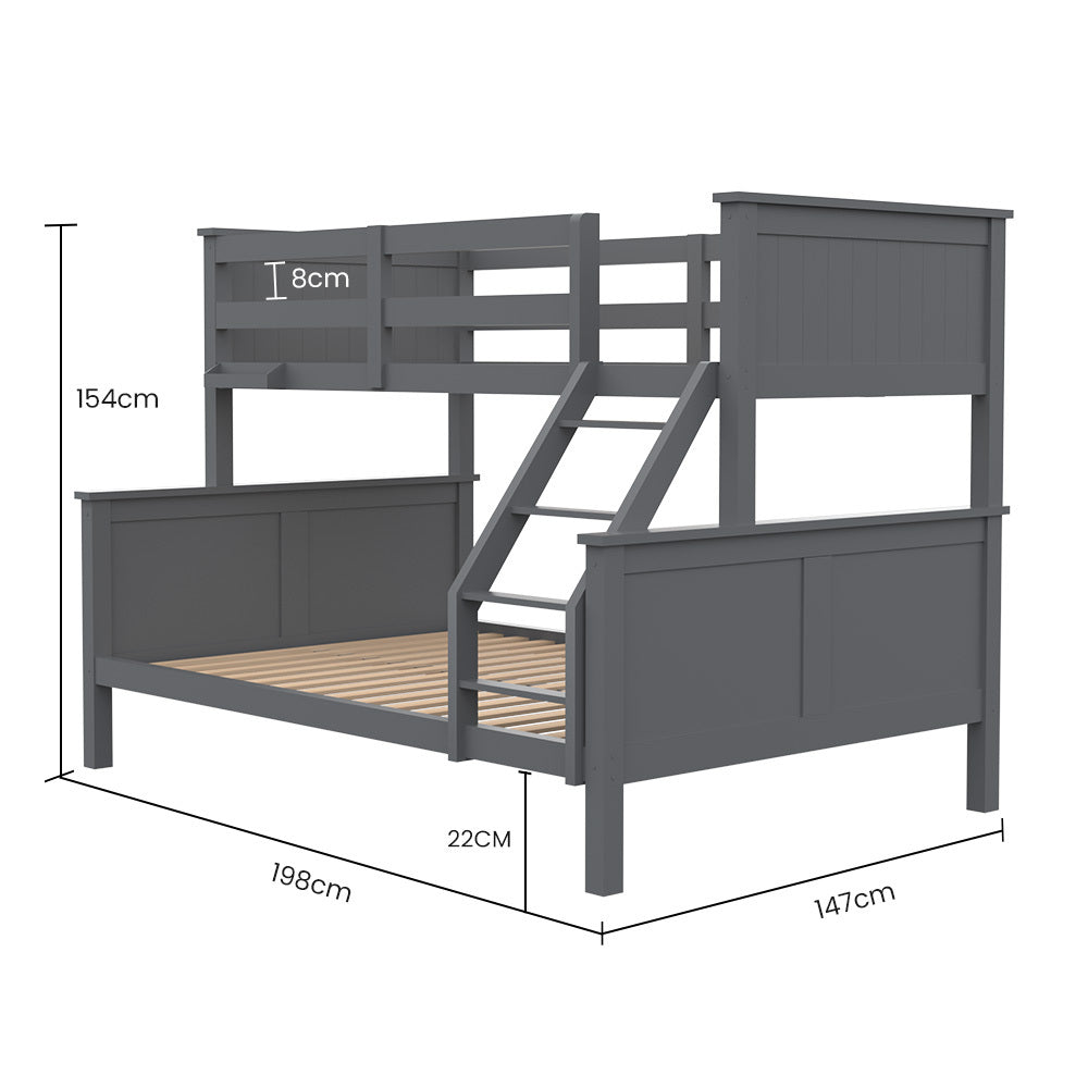 Triple Wooden Single Over Double Bunk Bed Frame for Kids, Convertible Design, Grey