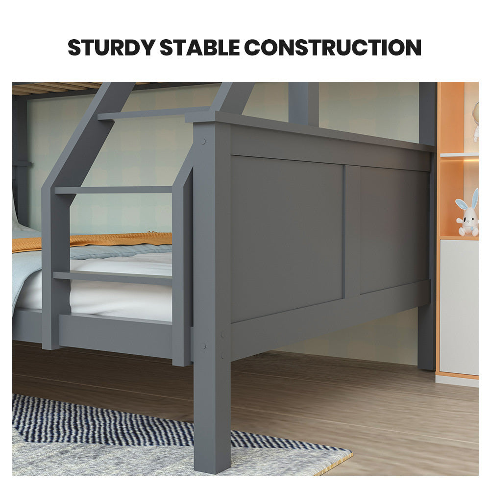 Triple Wooden Single Over Double Bunk Bed Frame for Kids, Convertible Design, Grey