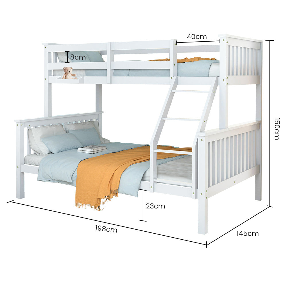 Single Over Double Wooden Bunk Bed Frame, Triple Solid Pine 2-in-1 Modular Design, Converts to 2 Beds, For Kids, White