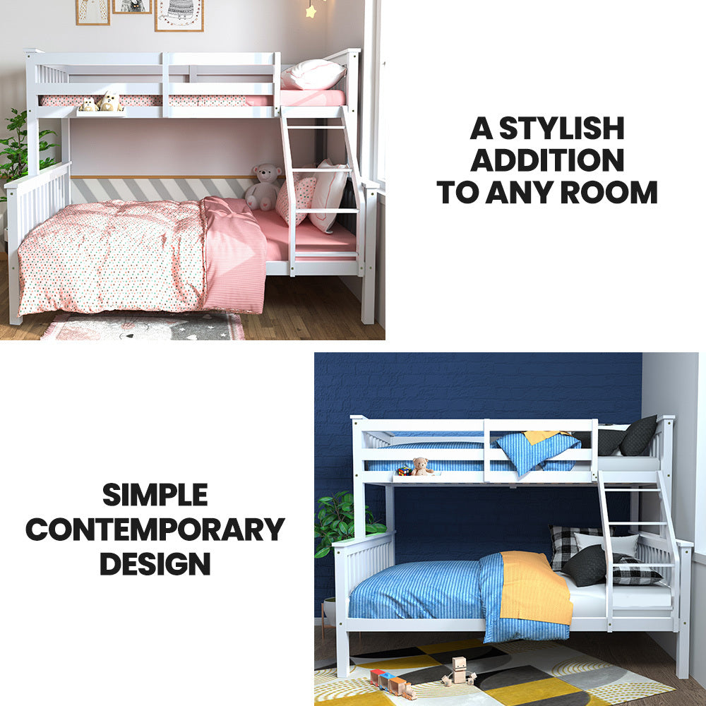 Single Over Double Wooden Bunk Bed Frame, Triple Solid Pine 2-in-1 Modular Design, Converts to 2 Beds, For Kids, White