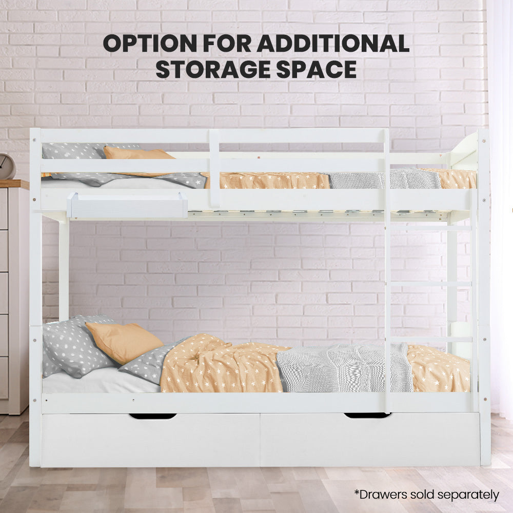 Single Bunk Bed Frame Solid Pine Wood Timber, Modular Design, White