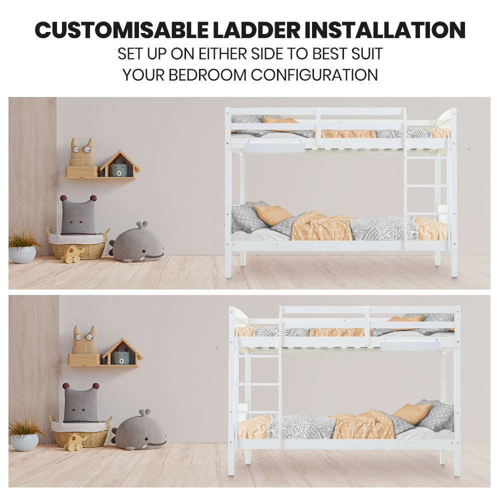 Single Bunk Bed Frame Solid Pine Wood Timber, Modular Design, White