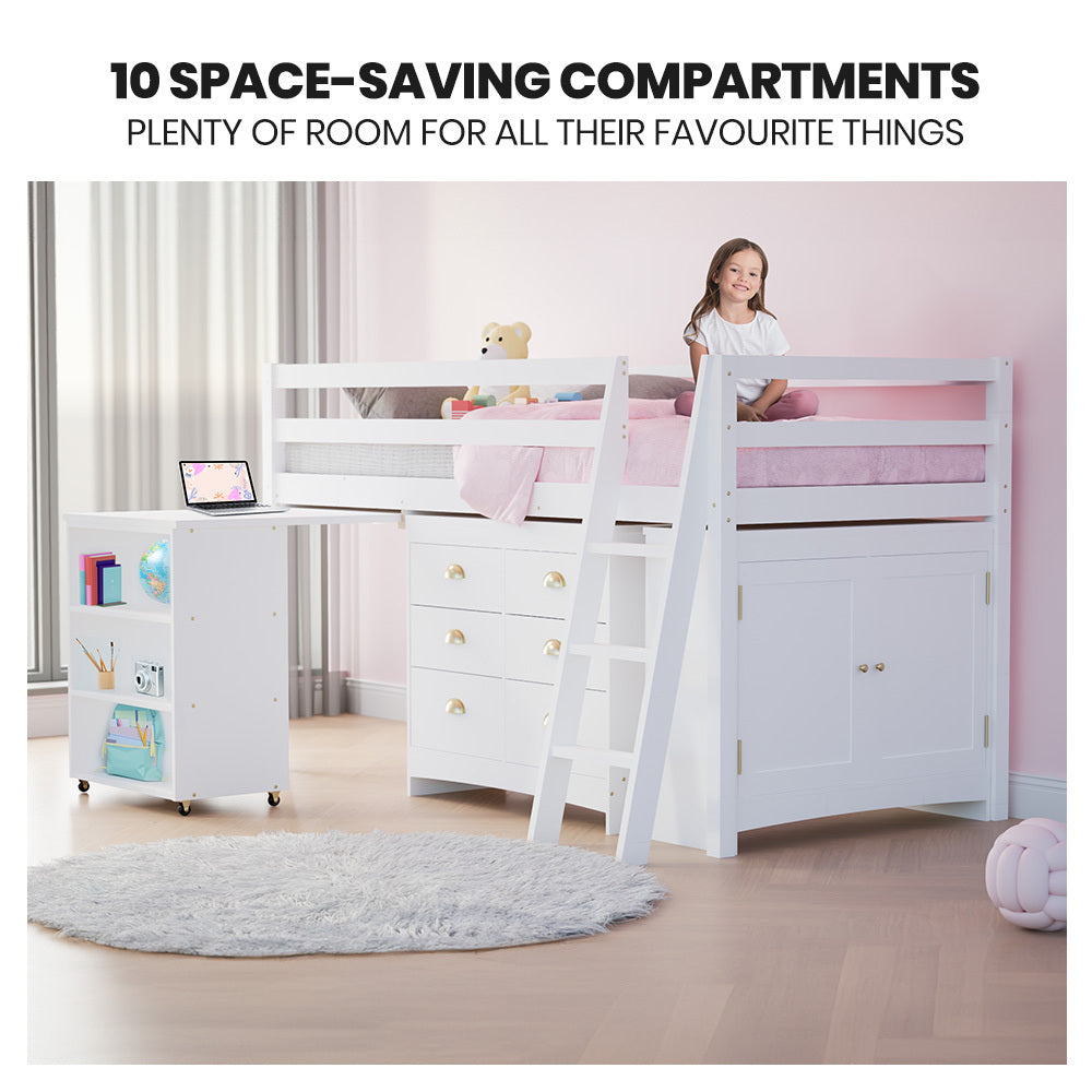Wooden Kids Single Loft Bed Frame with Pull Out Desk, Storage Drawers, Cabinet - White