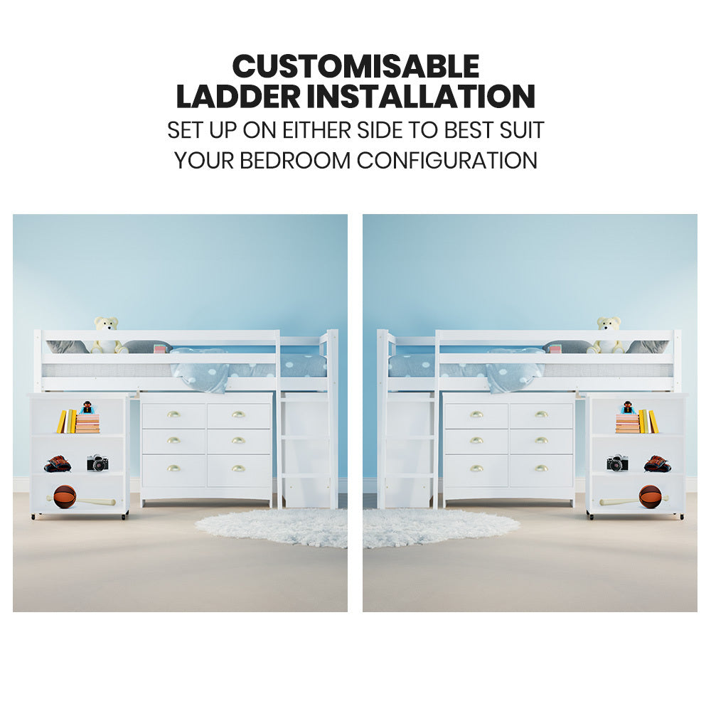 Wooden Kids Single Loft Bed Frame with Pull Out Desk, Storage Drawers, Cabinet - White