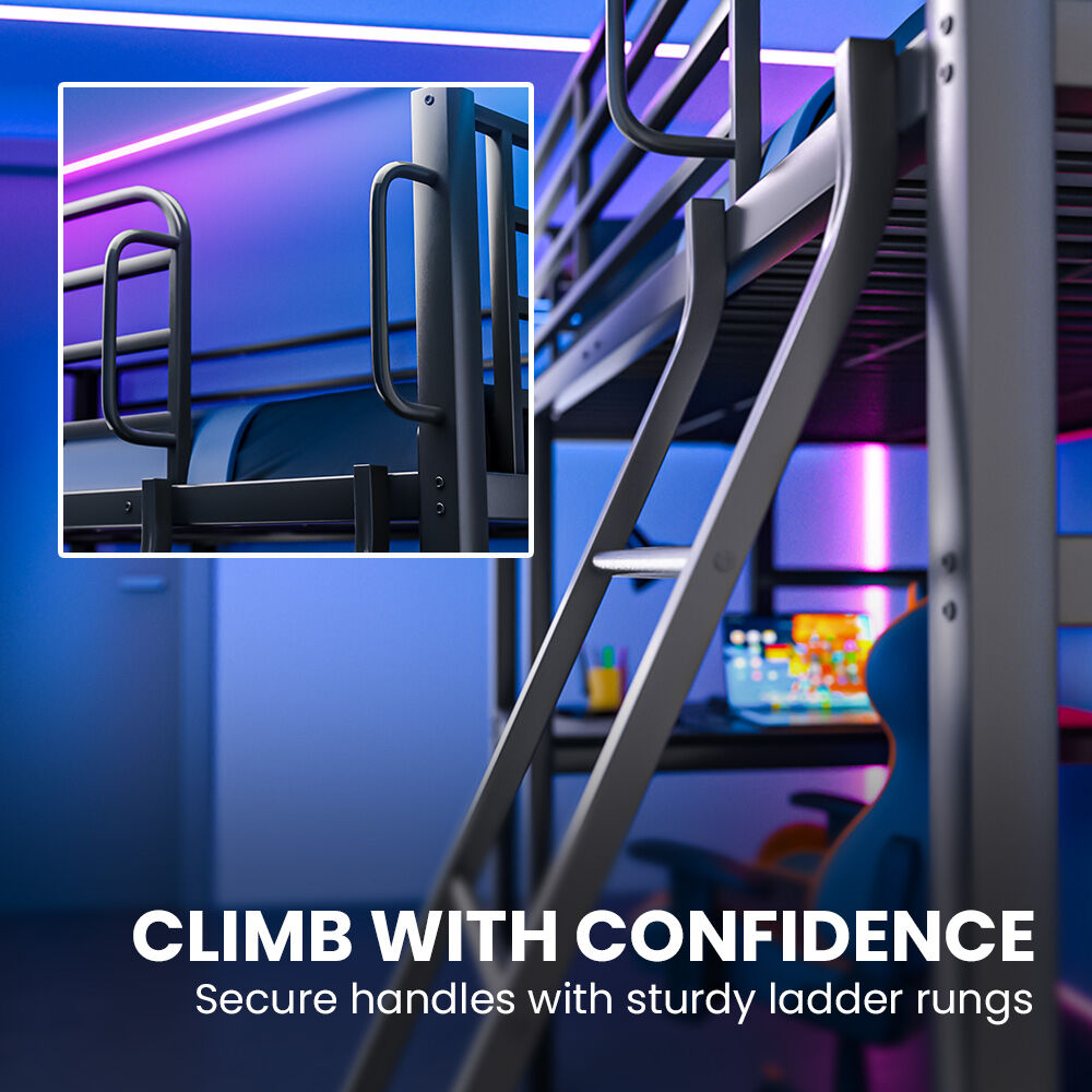 Gaming Loft Bed with Desk, Steel Metal Frame, Space Saving Design, for Single Mattress, Matte Dark Grey