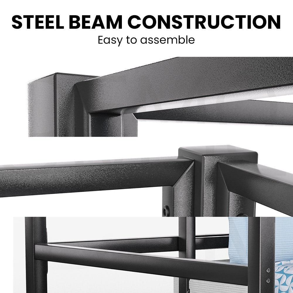 Single Loft Bed And Single Underbed, Multifunctional, Space Saving with Fixed Ladder, Matte Dark Grey