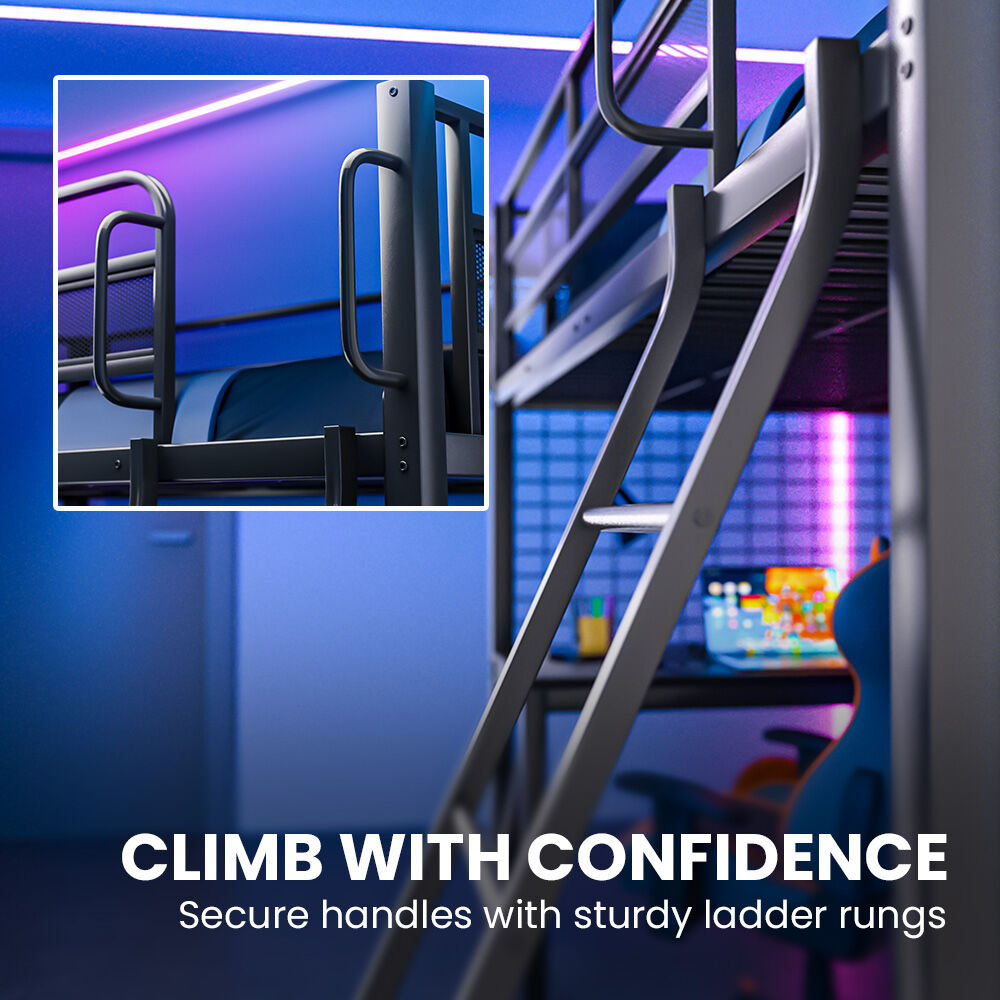 Gaming Loft Bed with Desk, Gridwall, Steel Metal Frame, Space Saving Design, for Single Mattress, Matte Dark Grey