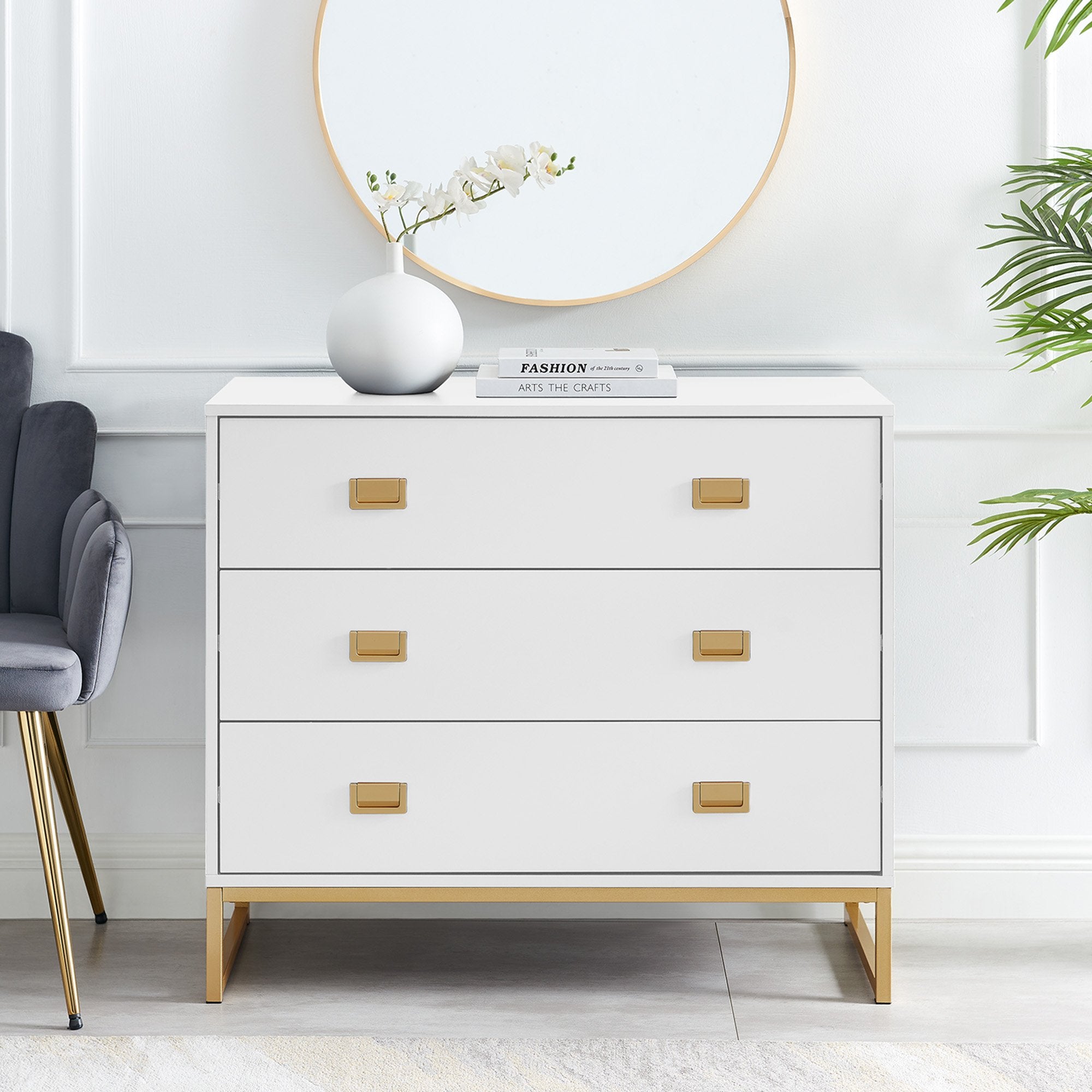 Amara Chest of Drawers Tallboy Dresser in White/Gold