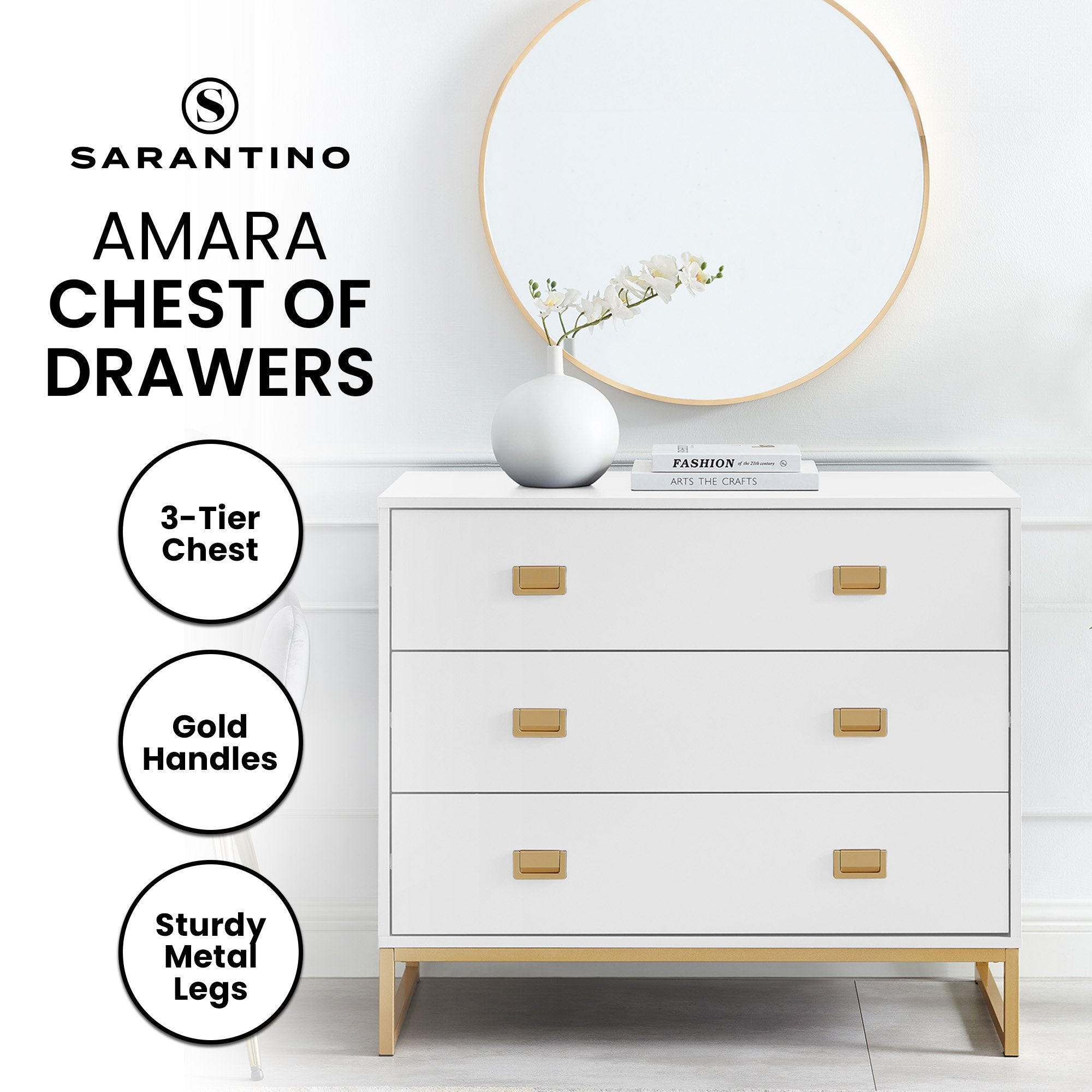 Amara Chest of Drawers Tallboy Dresser in White/Gold