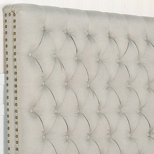 King Size | Sean Headboard in light gray fabric with tufted buttons and studded trim for bedroom furniture by Bedzy