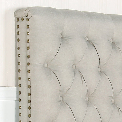 King Size | Sean Headboard with soft curved design, studded buttons, and elegant light gray upholstery for bedroom furniture.