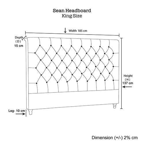 King Size | Sean Headboard with tufted studded buttons, soft curved design, and wooden legs, dimension diagram in black lines