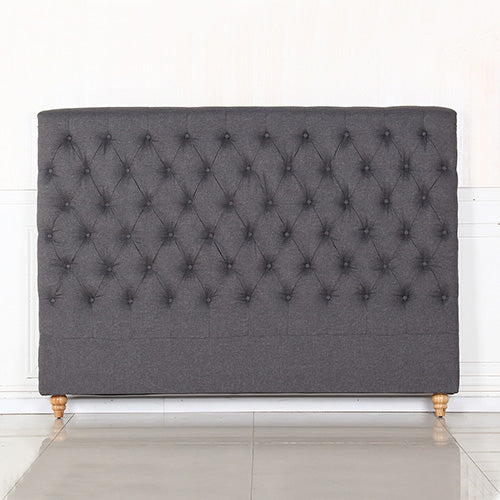 Queen Size | Sean Headboard in dark gray fabric with tufted buttons and wooden legs, elegant bedroom furniture by Bedzy