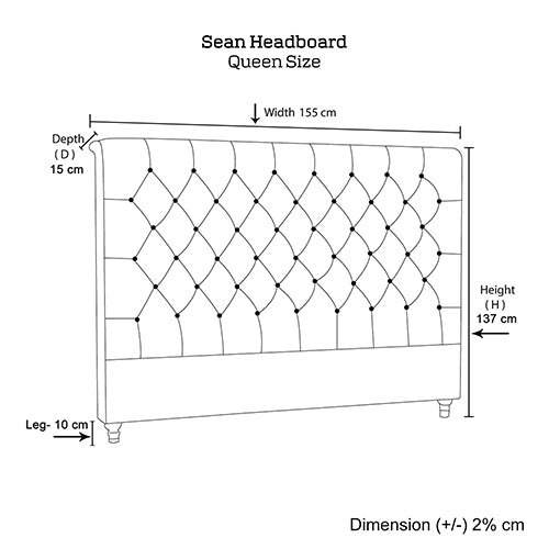 Queen Size | Sean Headboard with tufted studded buttons, gentle curves, and dimensions labeled for bedroom furniture.