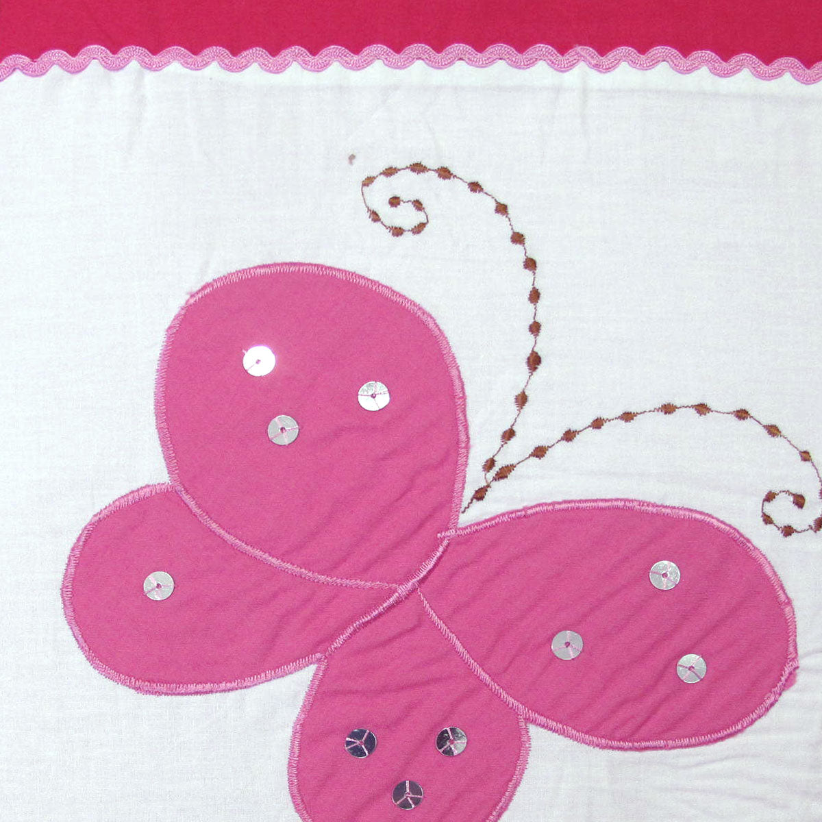 Bindi Butterfly Embroidered Quilt Cover Set Single with pink applique butterfly and sequin details on white fabric