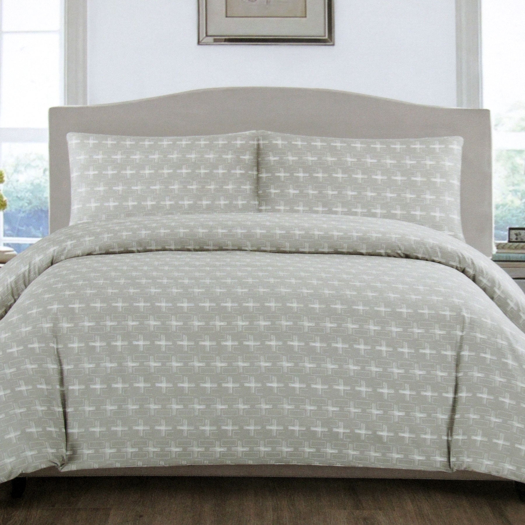 Artex Silver Crosses Quilt Cover Set Queen with geometric cross pattern on gray bedding displayed on bed in bedroom setting