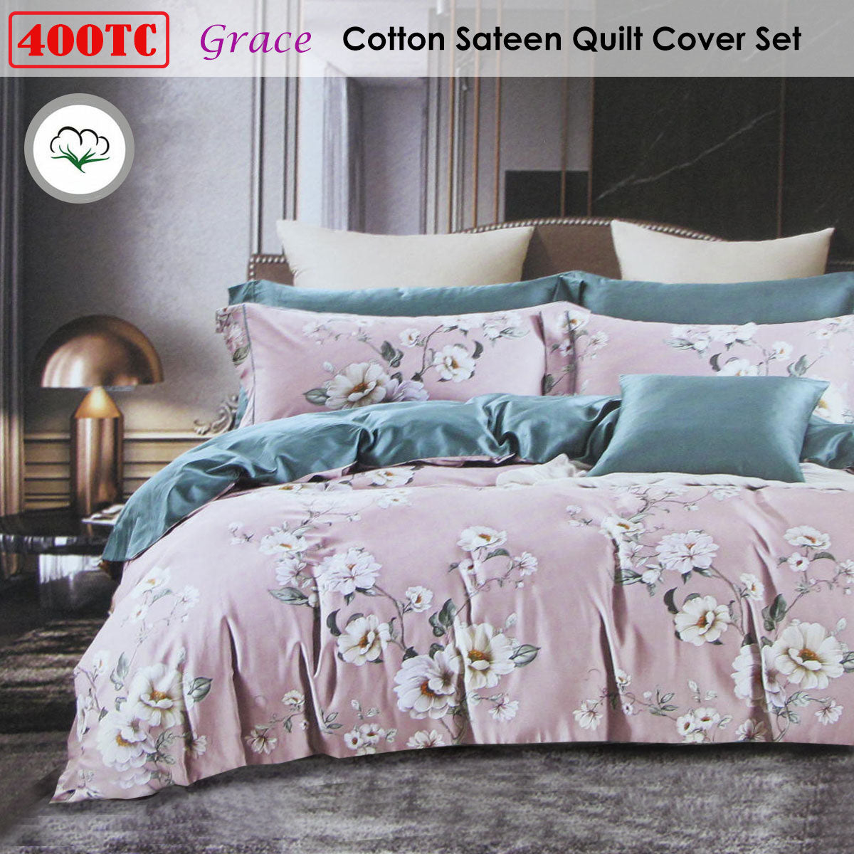 400TC Cotton Sateen Quilt Cover Set Grace Queen with floral print in pink and teal, styled on bed with pillows in bedroom setting