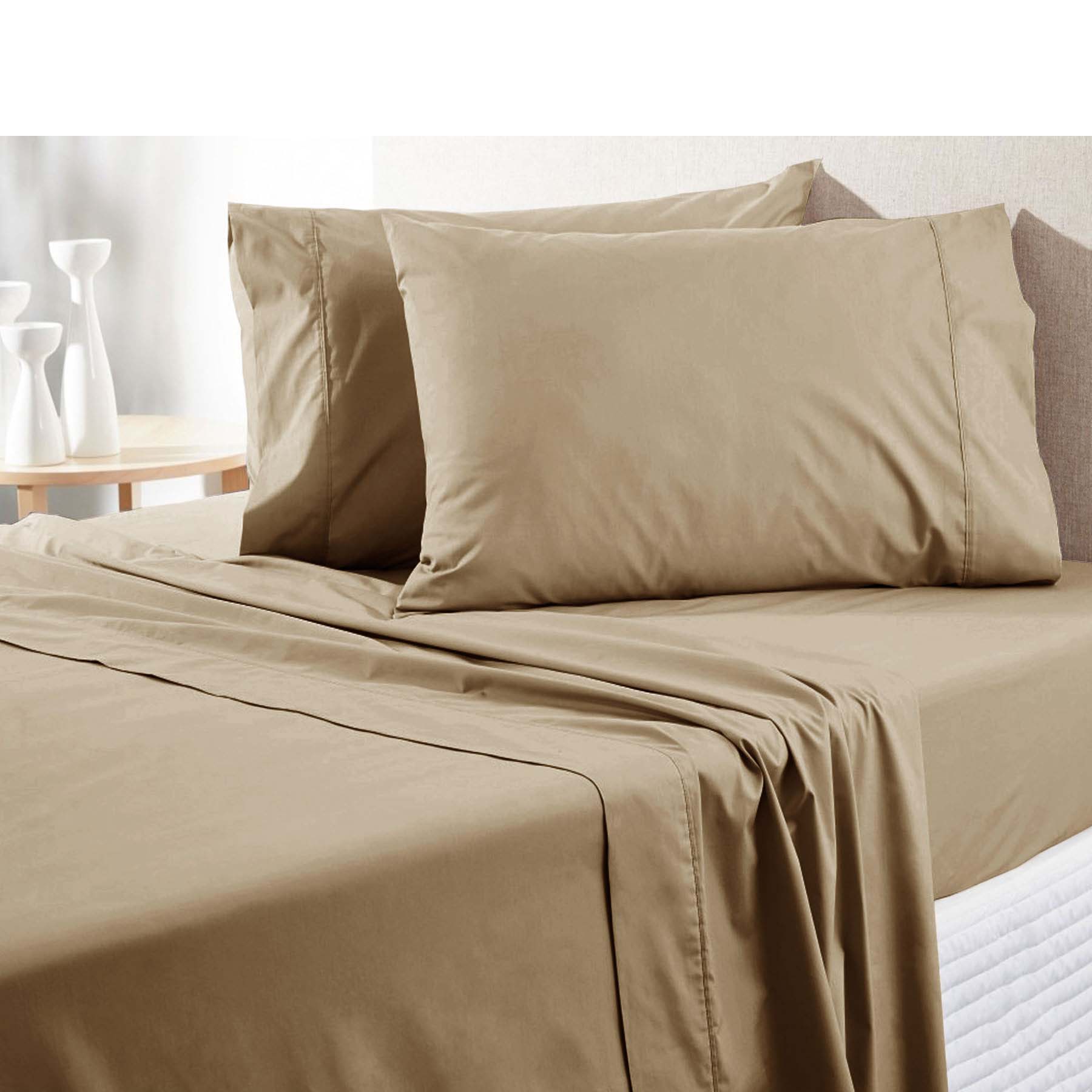 300TC Pure Cotton Sheet Set King Latte in beige with pillowcases and flat sheet on a bed in a bedroom setting