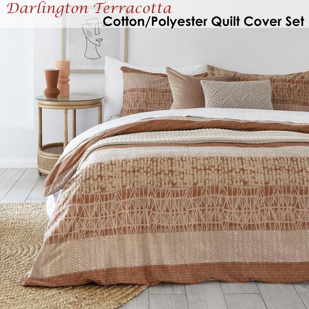 Terracotta Cotton Polyester Quilt Cover Set Queen on bed with coordinating pillows in cozy bedroom setting