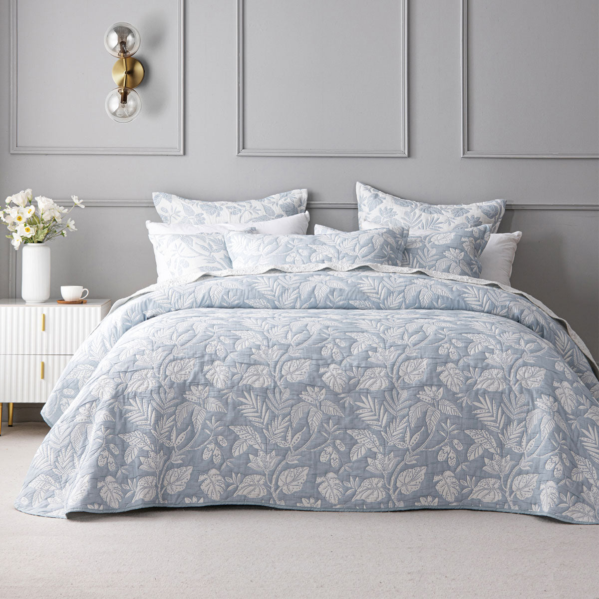 Bianca Laurieton Blue Jacquard Botanical Bedspread Set Queen