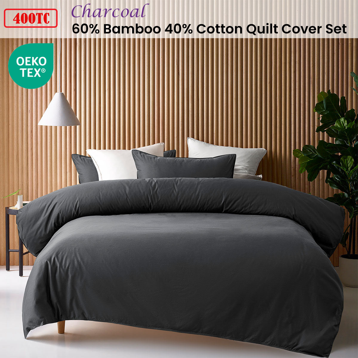 Charcoal 400TC Charcoal Bamboo Cotton Double Stitched Quilt Cover Set Single