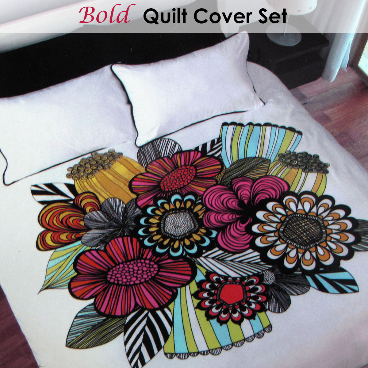 Bold Colorful Quilt Cover Set Single with vibrant floral bouquet design on bed in bedroom setting by Bedzy