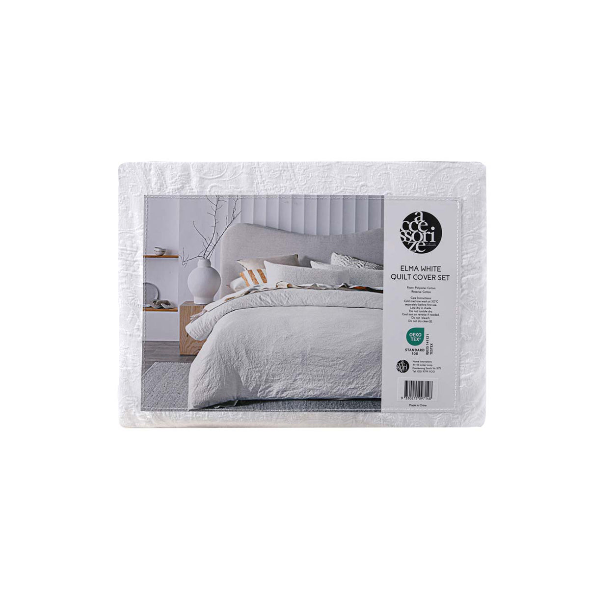 Elma White Jacquard Quilt Cover Set Queen packaging with bedzy bedroom furniture and modern bedding displayed.