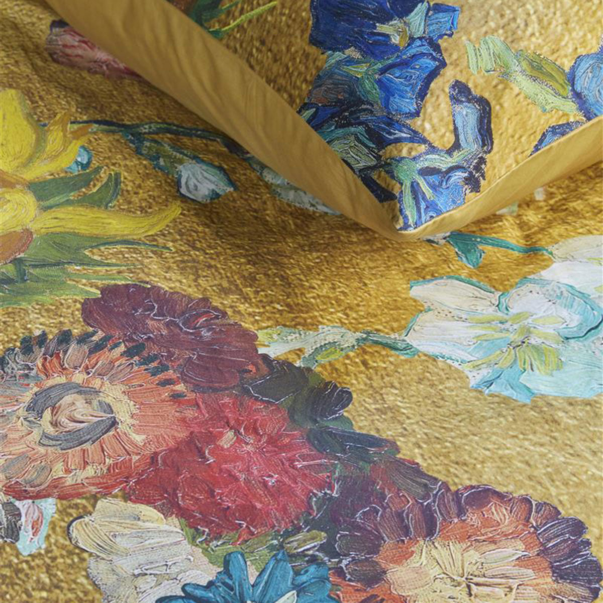 Close-up of floral print on Bedding House Van Gogh Partout des Fleurs Gold Cotton Sateen Quilt Cover Set Queen