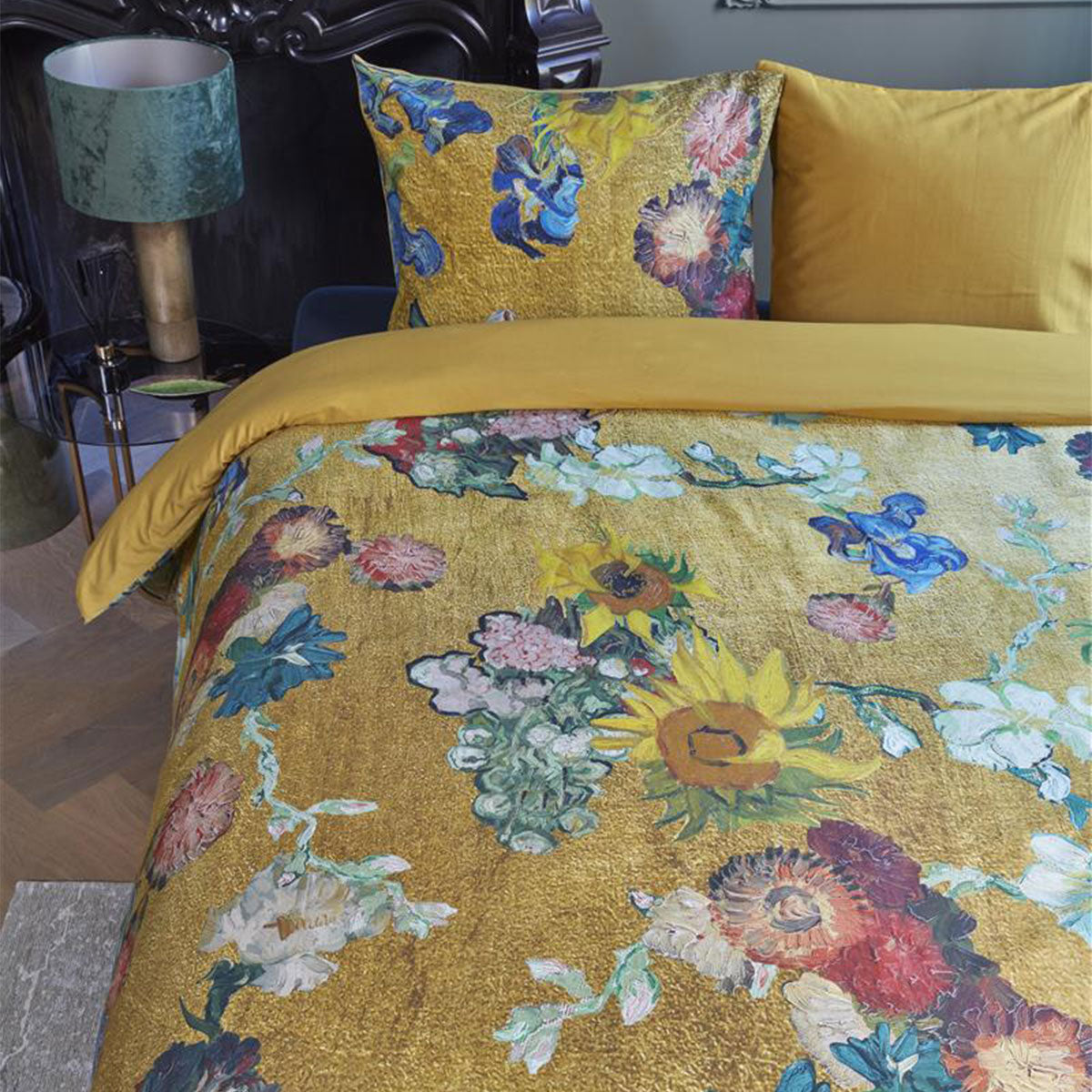 Bedding House Van Gogh Partout des Fleurs Gold Cotton Sateen Quilt Cover Set Queen with floral design and mustard yellow pillowcases