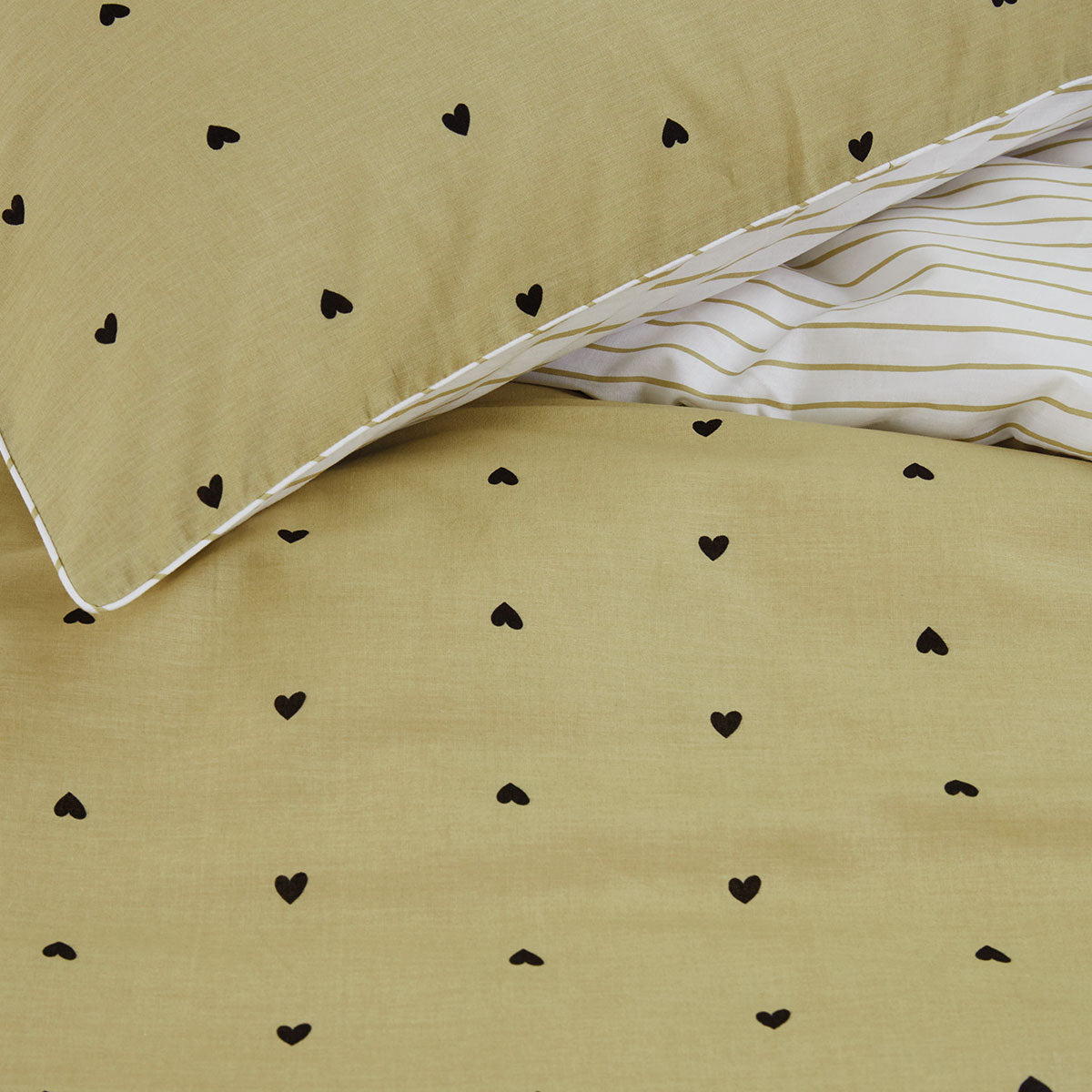 VTWonen Striped Hearts Yellow Cotton Quilt Cover Set King with black heart print and reversible striped design on cotton fabric
