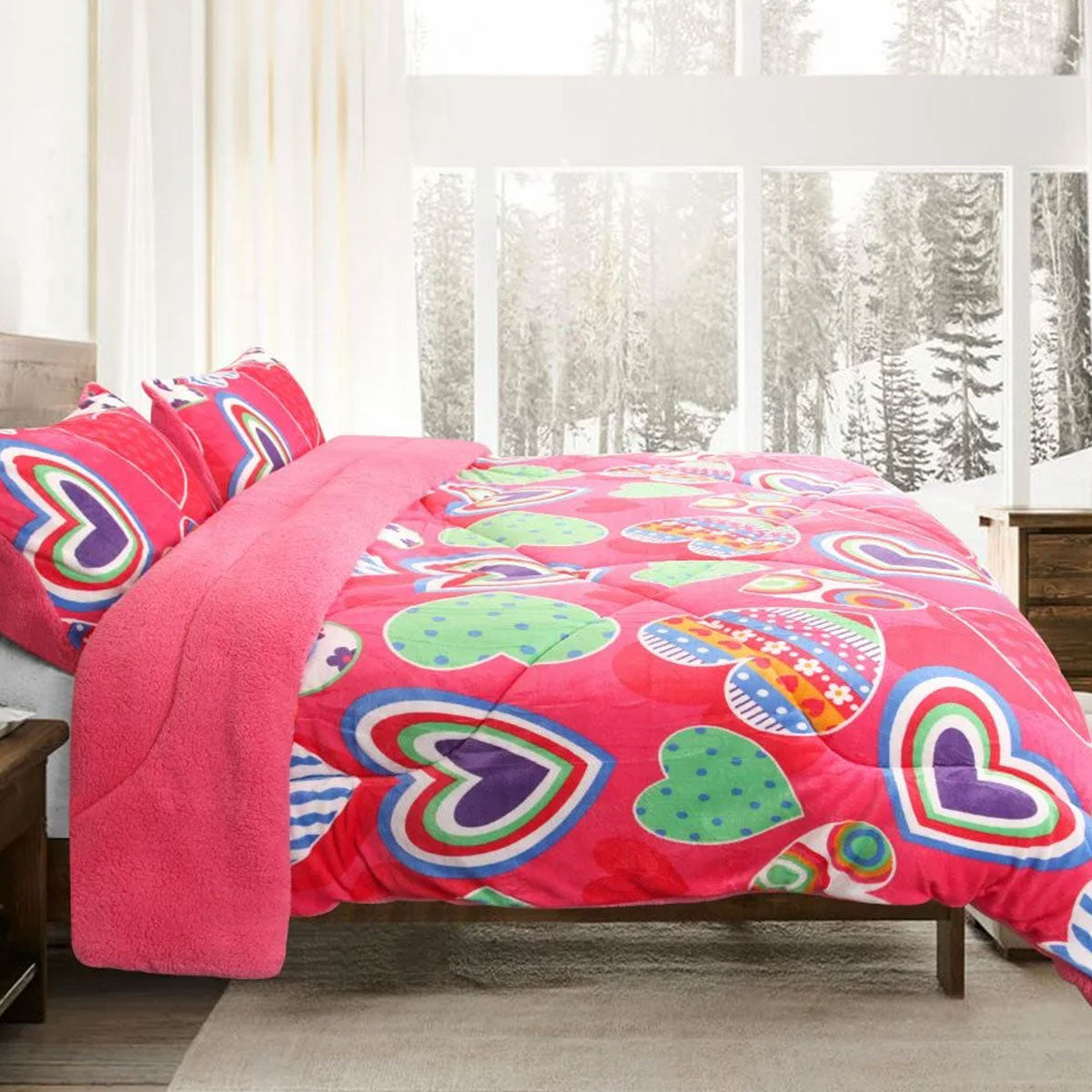 Pink Heart Printed Sherpa Flannel Fleece Reversible Blanket Set Queen/King