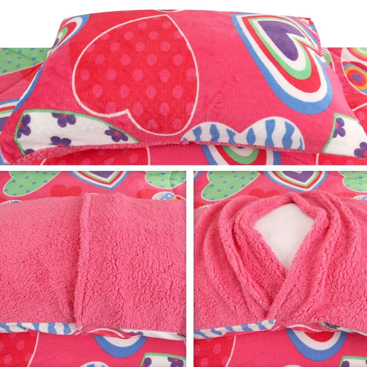 Pink Heart Printed Sherpa Flannel Fleece Reversible Blanket Set Queen/King