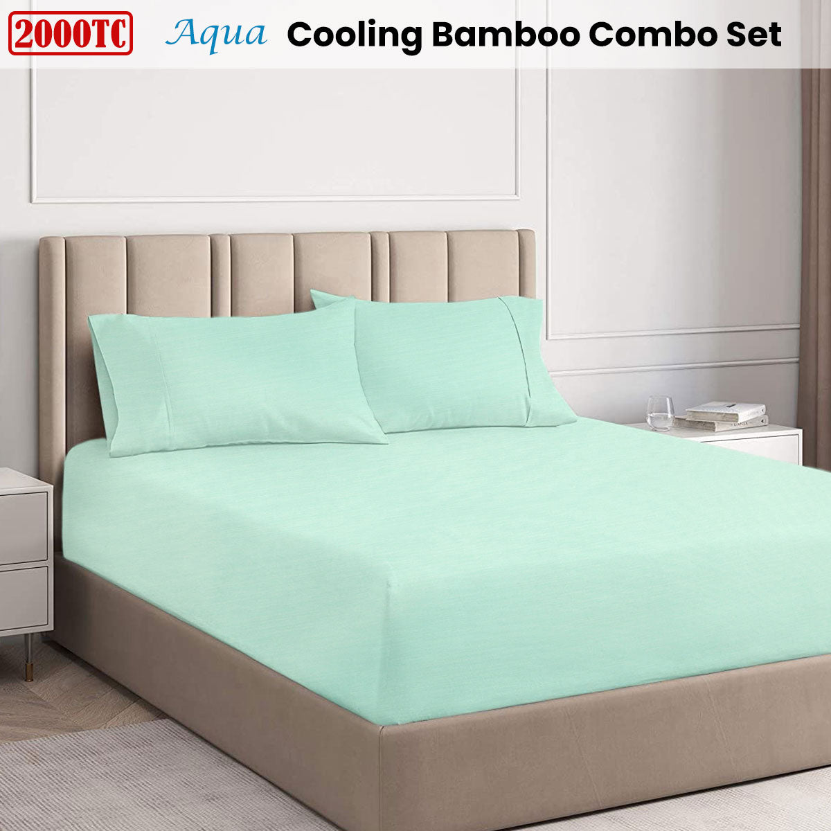 Aqua 2000TC Cooling Bamboo Combo Set Single in aqua color on beige upholstered bed in modern bedroom setting
