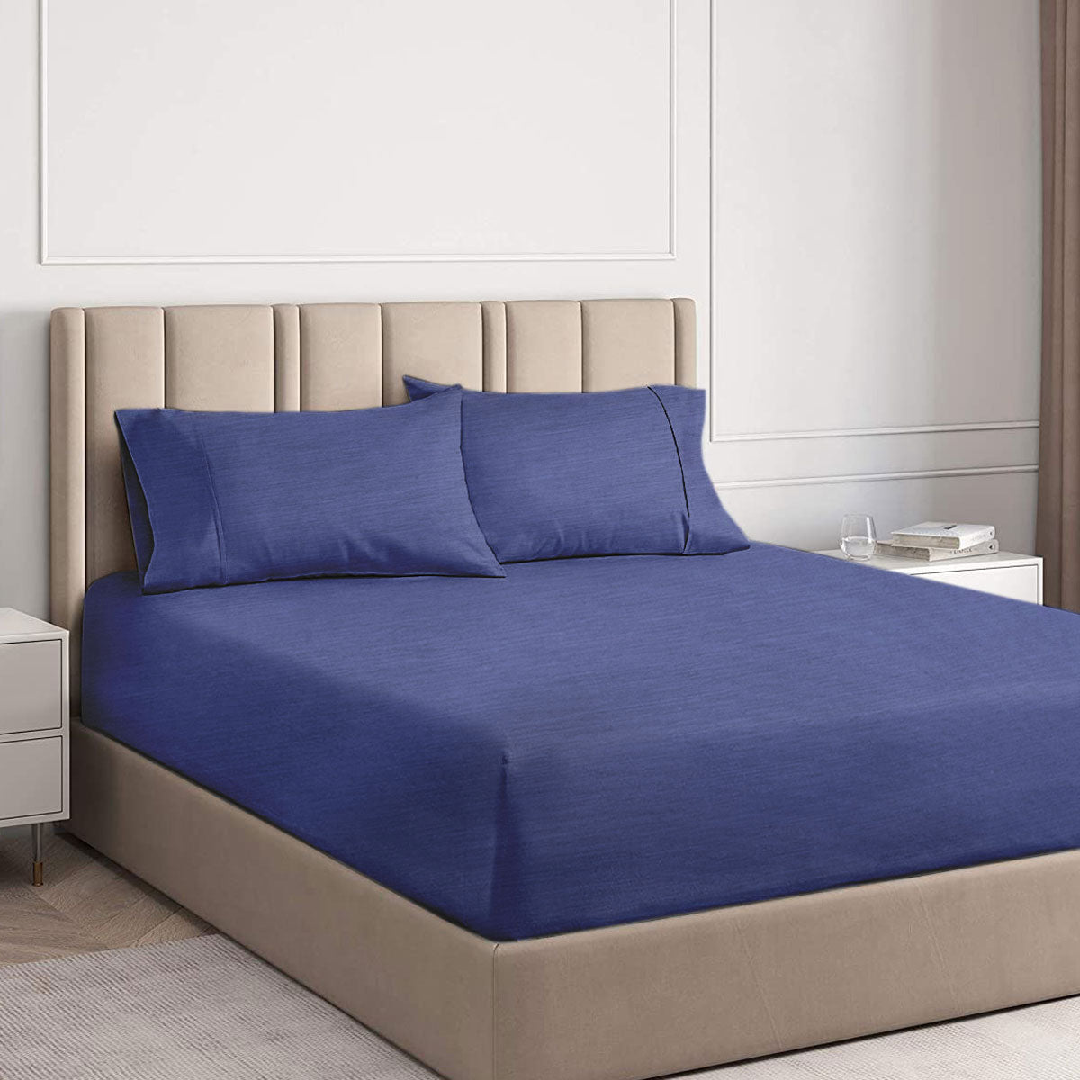 Royal Blue 2000TC Cooling Bamboo Combo Set Single on beige upholstered bed in modern bedroom with nightstands
