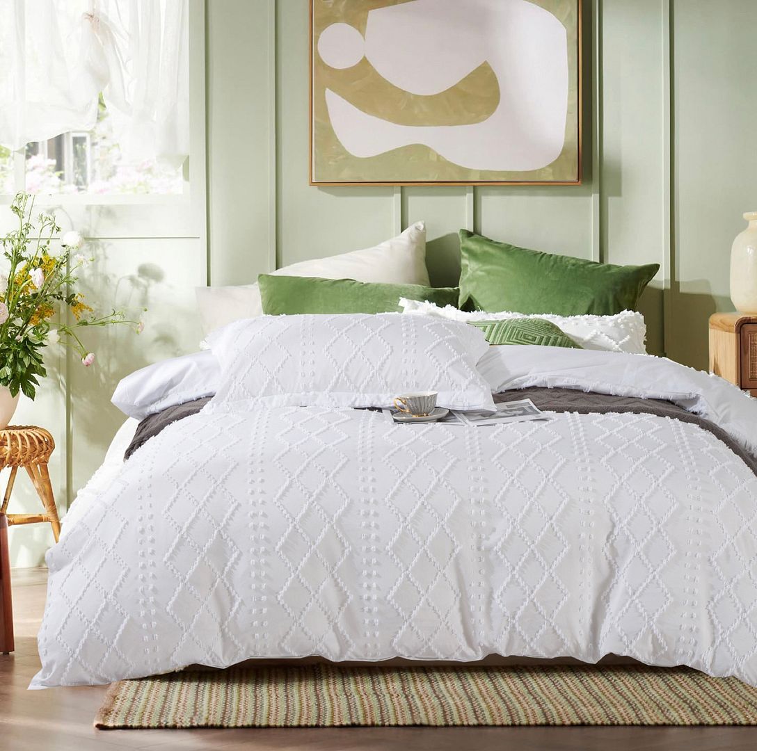 Tufted Boho Embroidery Quilt/Doona/Duvet Cover Set - White - Queen Size