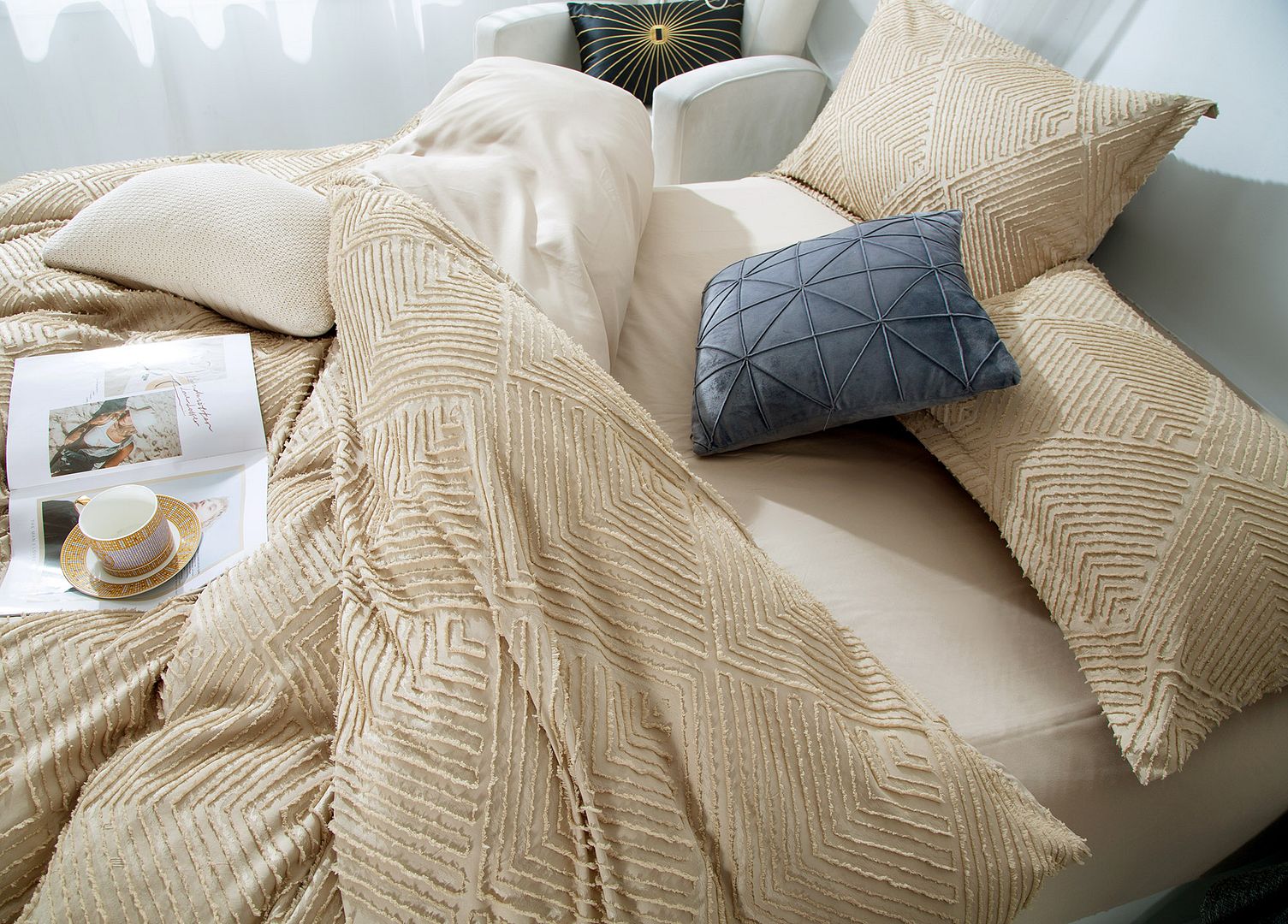 Tufted Textured Jacquard Quilt Cover Set- Beige - Super King Size