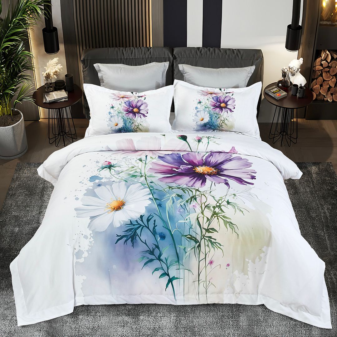 Marrea Floral Quilt Cover Set - King Size with large purple and white floral design on white bedding in bedroom setting