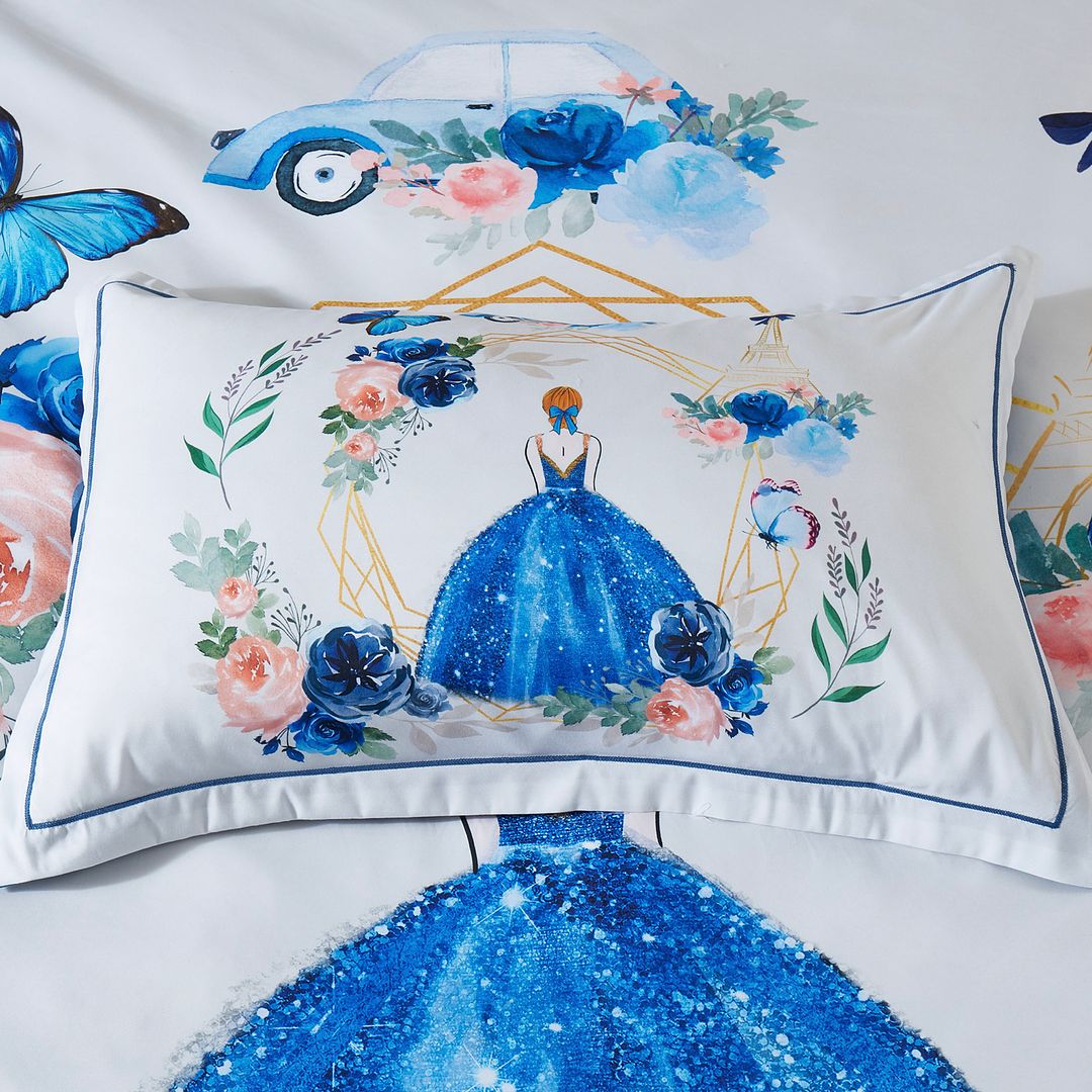Princess Kids Quilt Cover Set - Single Size with blue princess illustration pillowcase and floral accents on white bedding