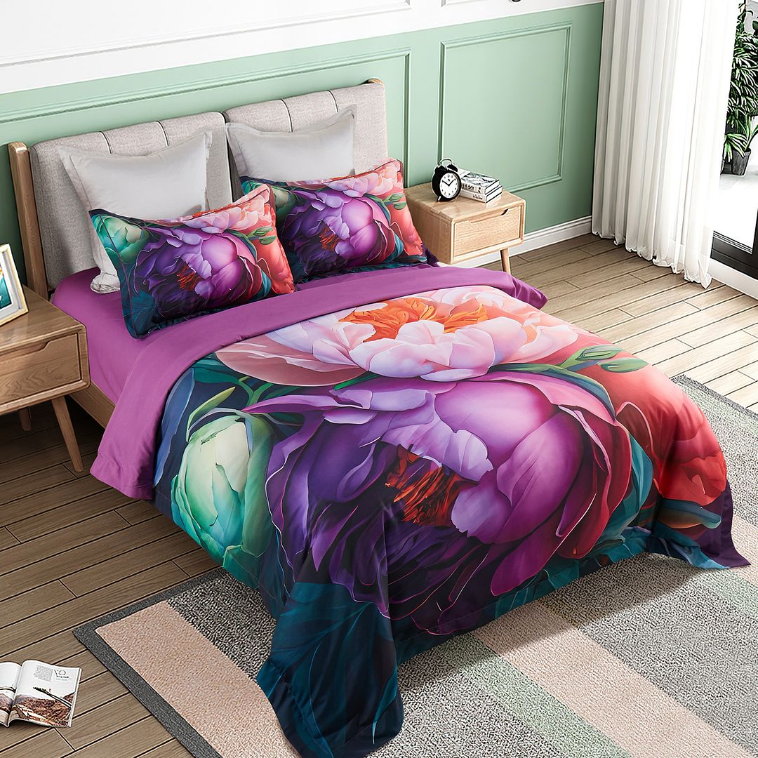 Kaie Floral Quilt Cover Set - Super King Size with vibrant floral design on bed in modern bedroom setting