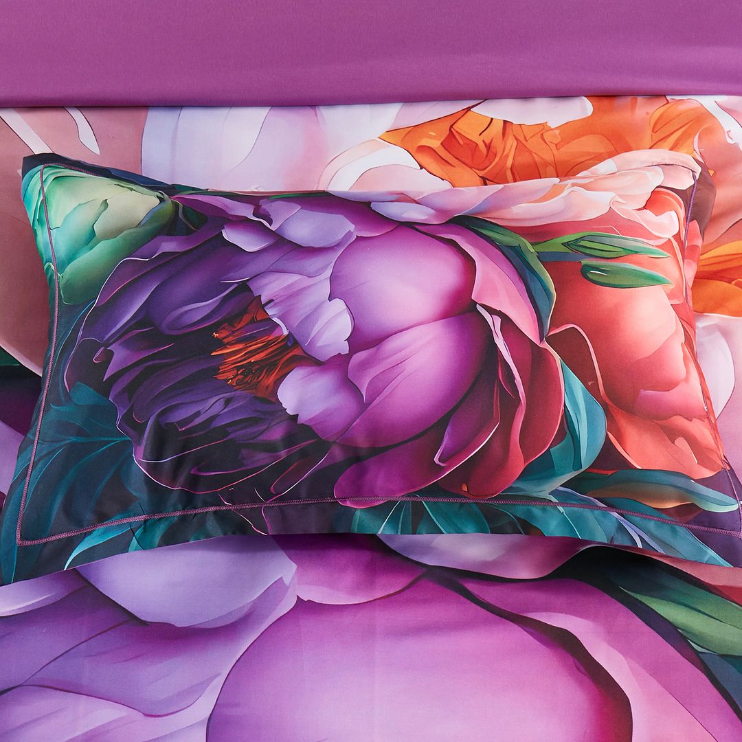 Kaie Floral Quilt Cover Set - Super King Size with vibrant floral pillowcase and matching bedding in rich purple and orange tones