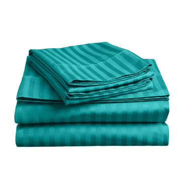 soft stripe microfibre sheet set double teal folded neatly showing finely woven 2cm stripe fabric texture