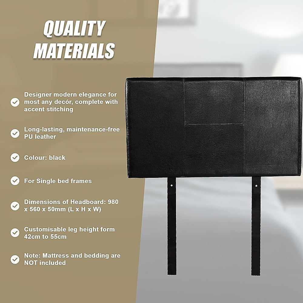 Single Size | Bed Headboard (Black) with designer stitching, black PU leather, fits single bed frames, modern style