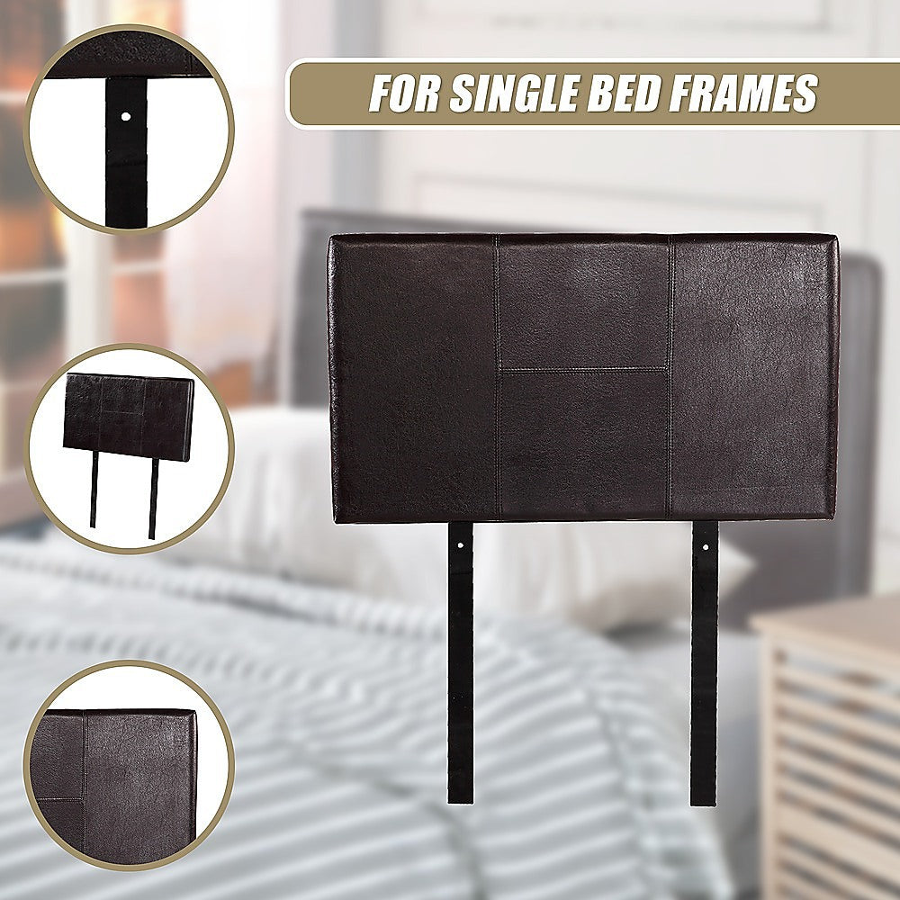 Single Size | Bed Headboard (Brown) with stitched design, metal supports, and smooth leather finish for bedroom furniture by Bedzy