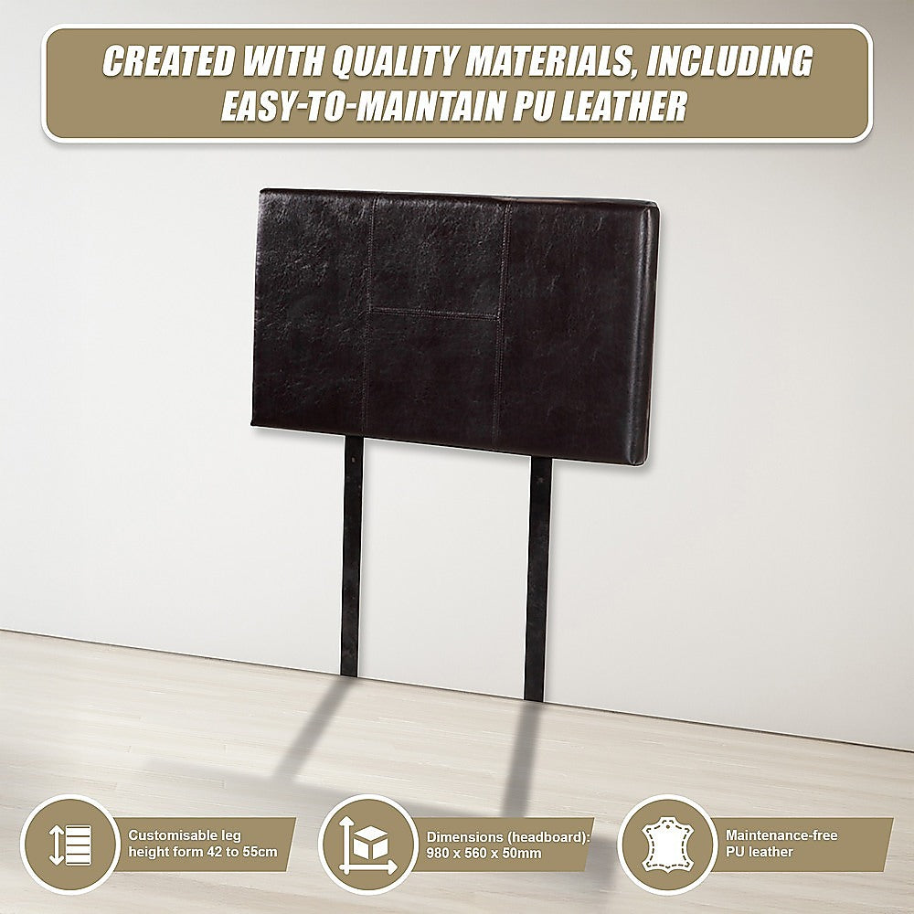 Single Size | Bed Headboard (Brown) in PU leather with customizable legs and modern stitched design against plain background