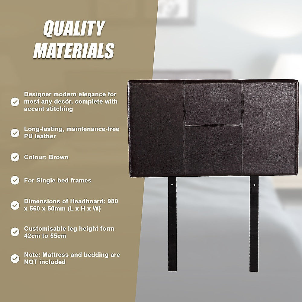 Single Size | Bed Headboard (Brown) with modern stitched PU leather design for single bed frames and adjustable leg height